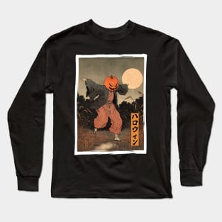 Creepy Horror Halloween Pumpkin Scarecrow Japanese Ukiyo-e Woodblock Print Long Sleeve T-Shirt